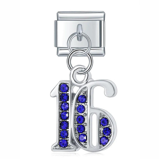 Number 16 with Blue Stones, on Silver - Charms Official